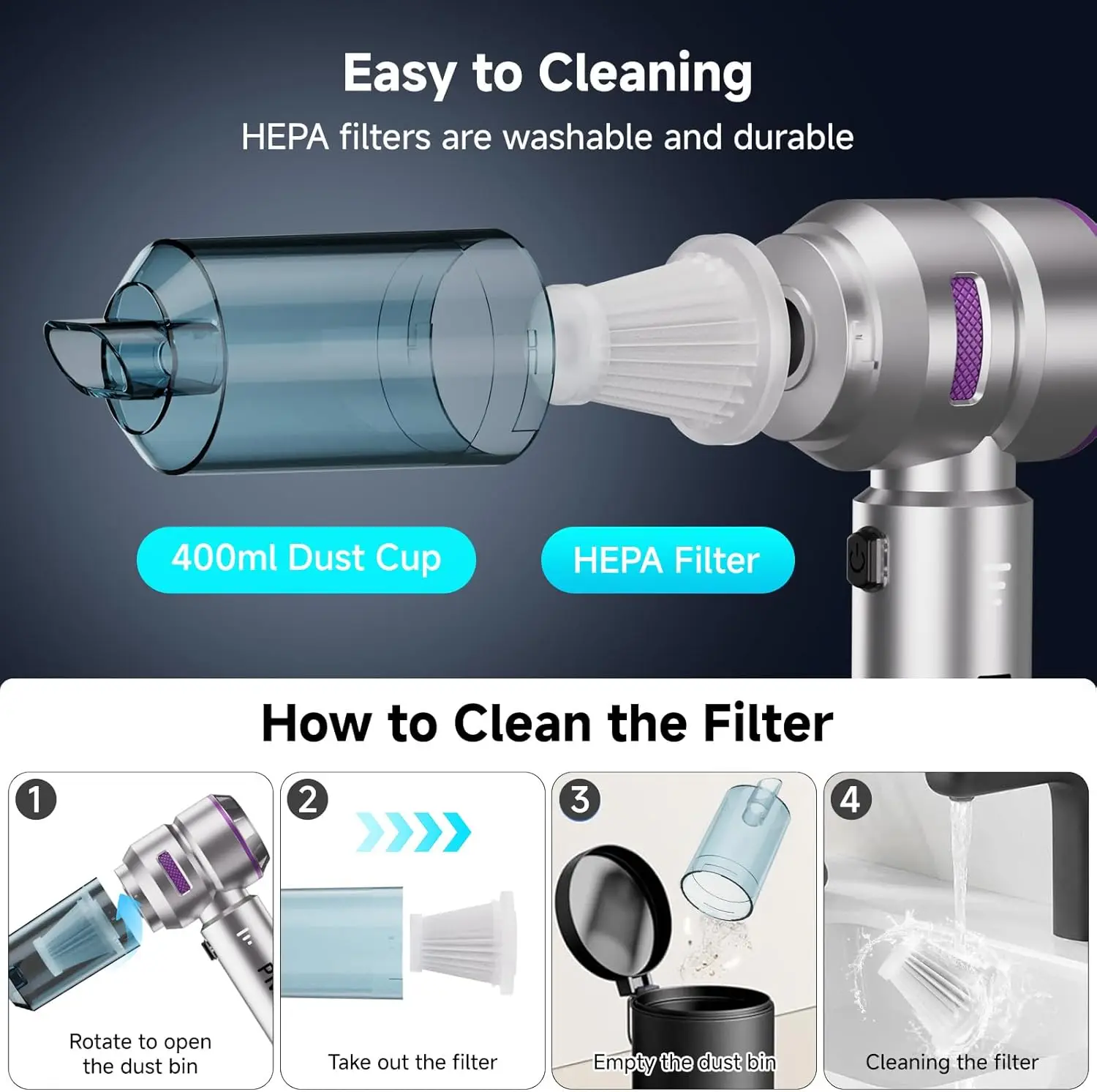 Handheld Vacuum Cordless, Car Vacuum Cleaner with Brushless Motor, Strong Suction Vacuum & Compressed Air Dusters with LED Light