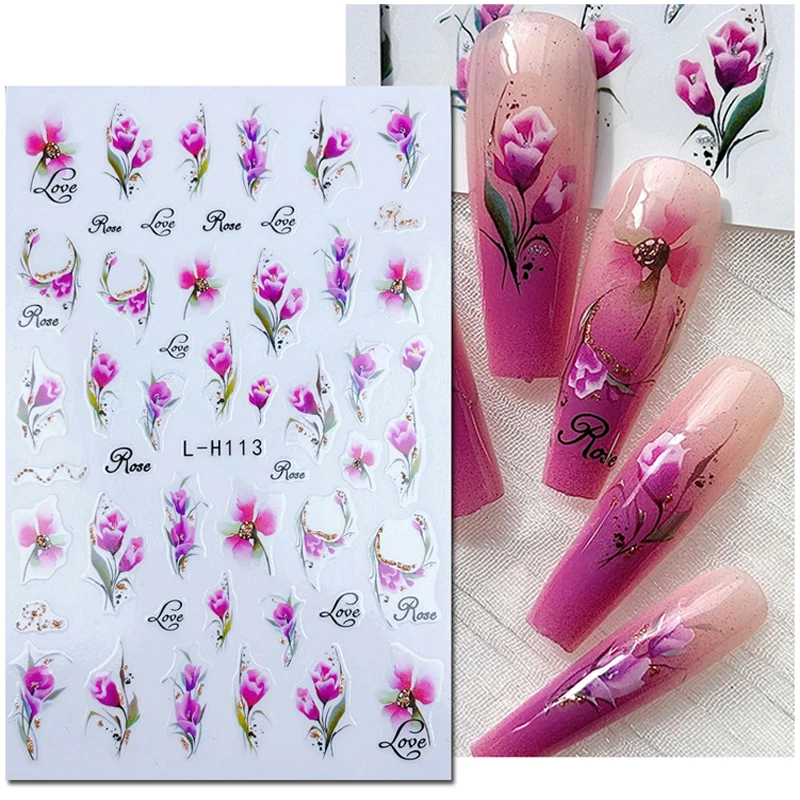 

3d Nails Art Decals Shining Golden Glitters Purple Blossom Flowers Leaves Stickers Decoration For Nails Manicure