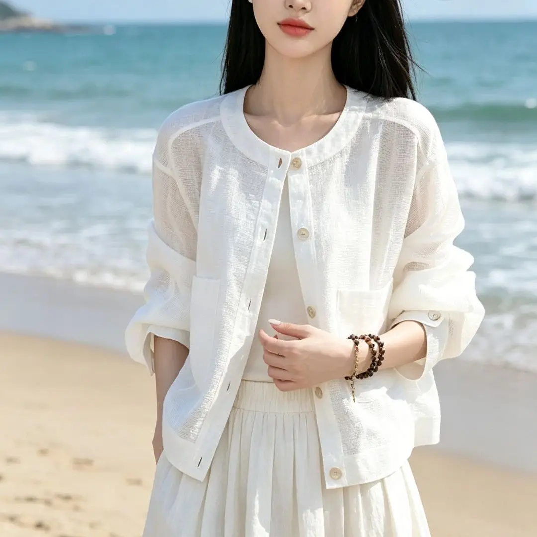 2026 New Korean Loose O-Neck Short Jacket Women Spring Summer Simple Advanced Solid Thin Sun Protection Clothing Sunscreen Coat
