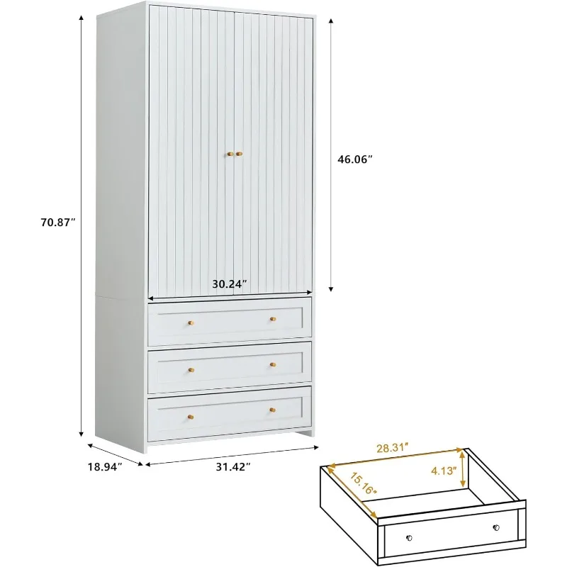 Wardrobe, 2 Doors, with 3 Drawers and Hanging Poles, Modern Bedroom, Cloakroom, Clothing Sorting, Independent Closet (White)