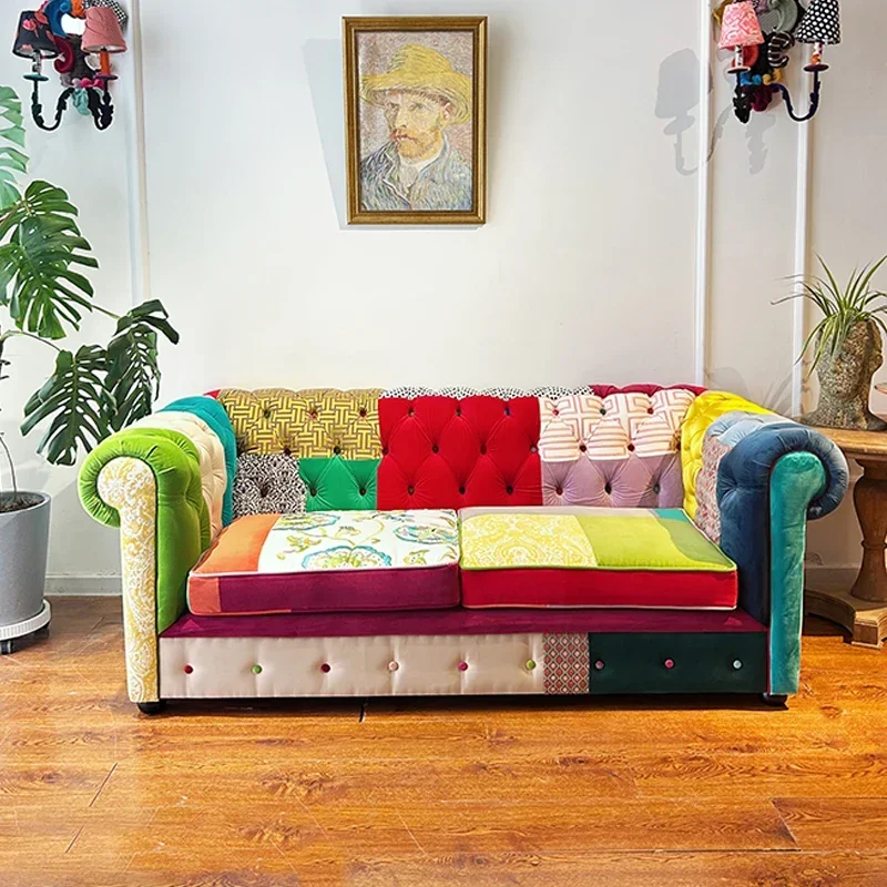 European-style splicing fabric three-person living room sofa, contrasting color color multi-person sofa