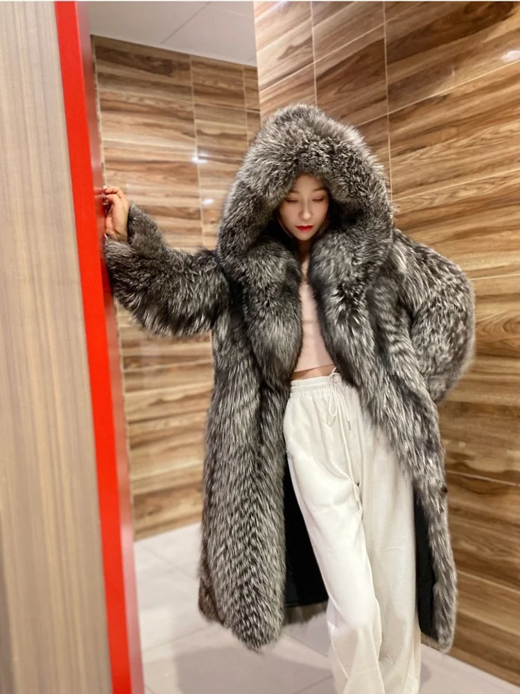 Winter Fashionable Warm Loose Synthetic Fur Gorgeous Soft Fluffy Comfortable Exquisite Lady Elegant Gray Long Hooded Outerwear