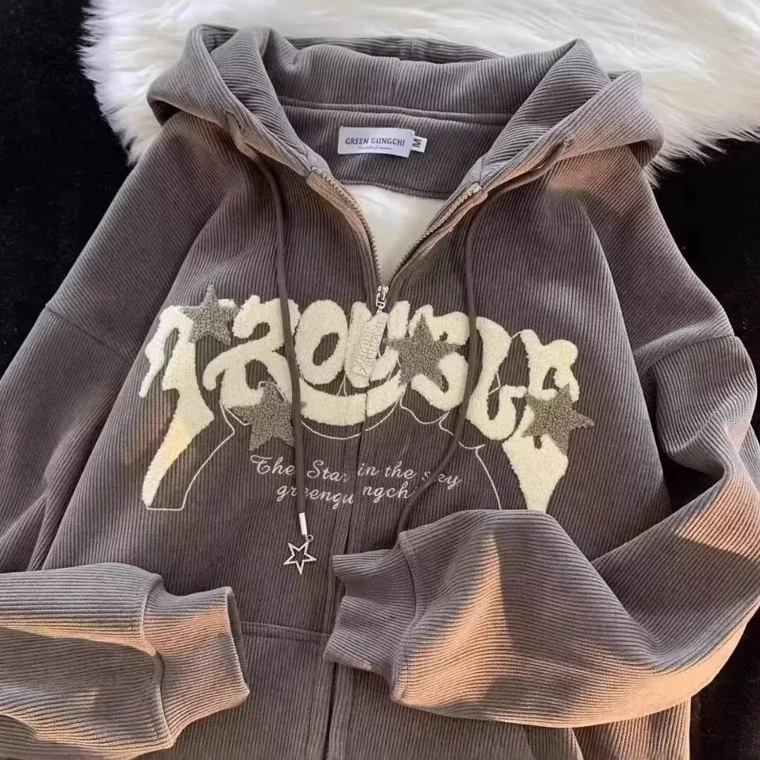 النمط الأمريكي سروال قصير هوديي المرأة الخريف الشتاء كسول نمط تصميم ملابس خارجية فريدة الهيب هوب فضفاضة تناسب لباس غير رسمي