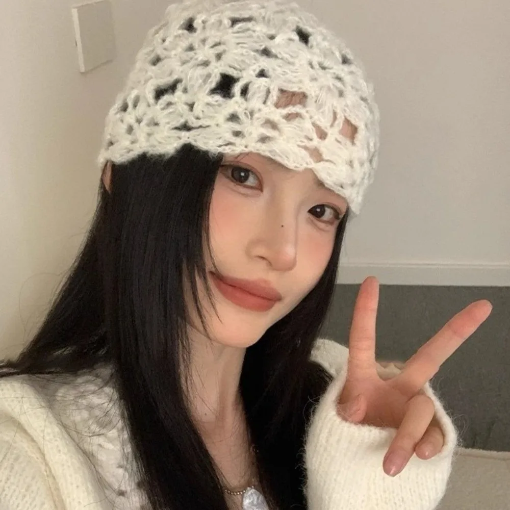 

Sweet Solid Color Crochet Flower Hat Handmade Hollow Knitted Pullover Hat Weave Japanese Beanies Cap Girls