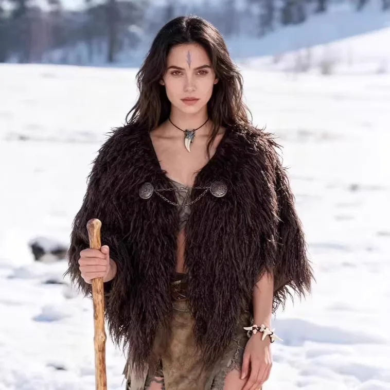 Retro Punk Viking Cosplay Party Jacket Medieval Ethnic Faux Fur Cape Woman Warm Winter Coat Halloween Carnival Dress Up Party view 4