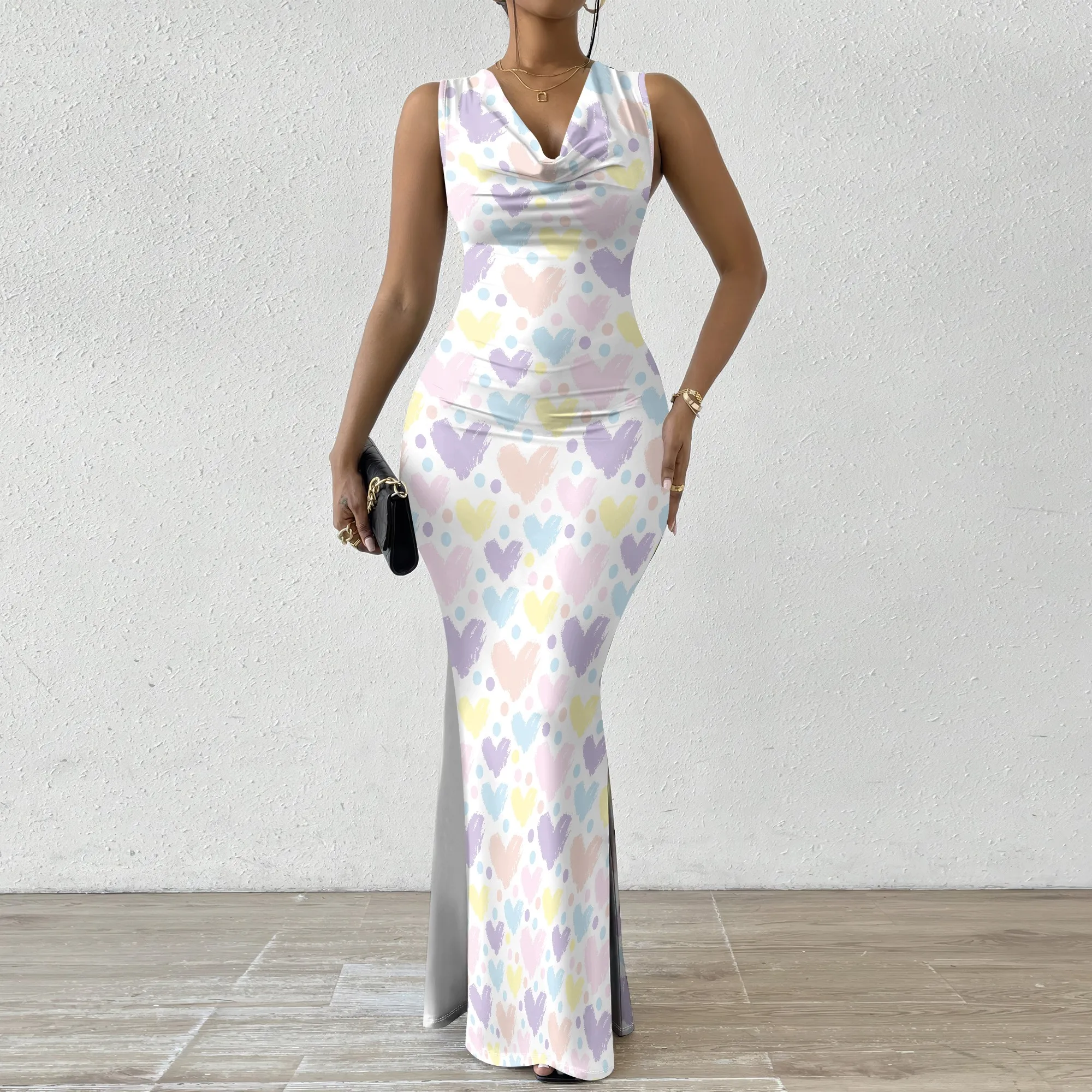 

Women's Mermaid Dress Fitted Cowl Neck Fishtail Dress XS-2XL Love Pattern for Artisan Market Craft Fair