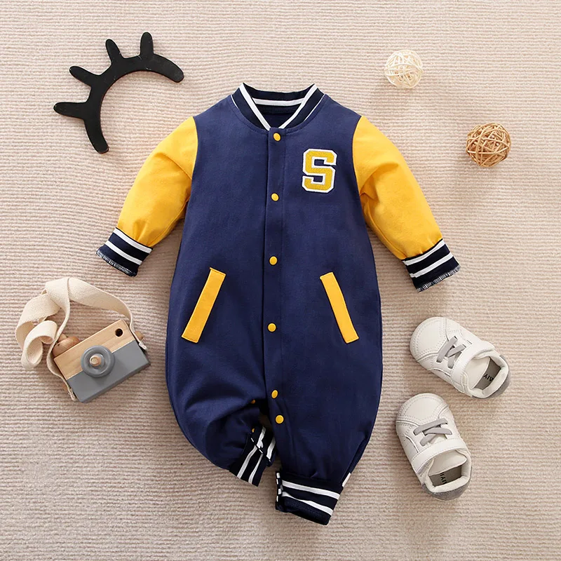 Newborn Clothes Handsome Letter Baseball Suit Cotton Comfortable 0-18 Boys And Girls Spring AndAutumn Long Sleeved Baby Jumpsuit