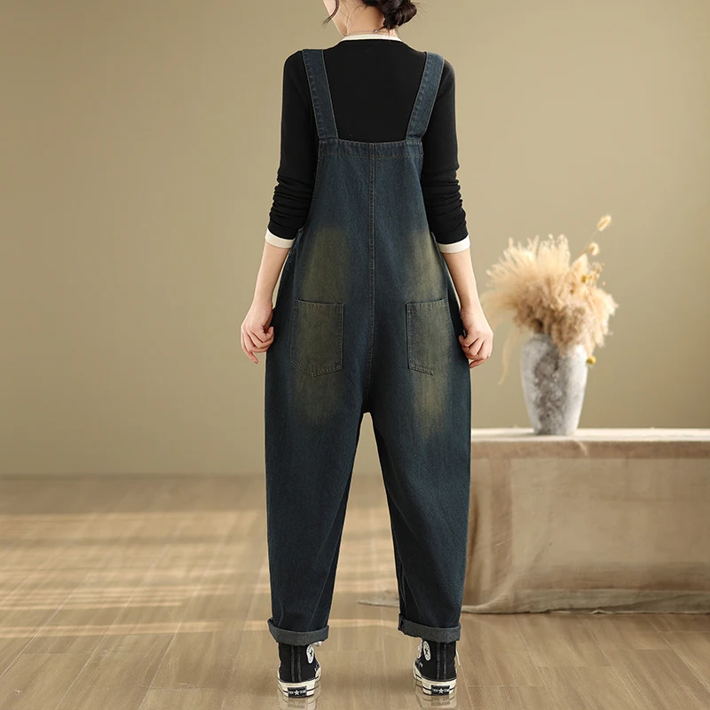 Damskie ogrodniczki dżinsowe na wiosnę i jesień, plus size, dla puszystych, modne, patchworkowe, ukrywające niedoskonałości, spodnie typu harlan, rekreacyjne, ter Dr