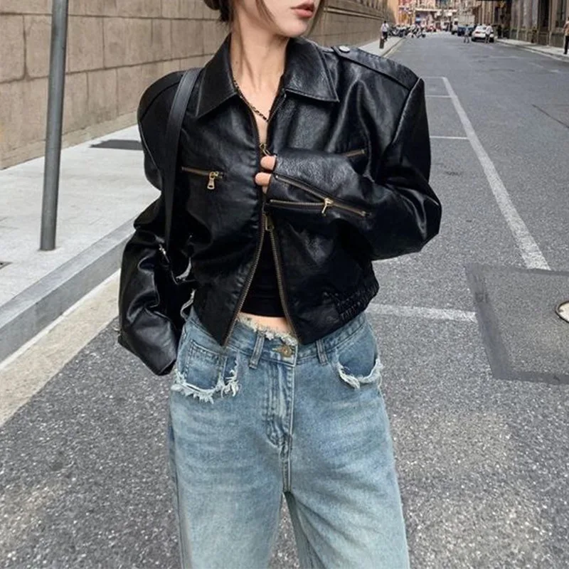 

Fashionable Black Short PU Leather Jacket for Women, Autumn 2025 New Retro Motorcycle Jacket