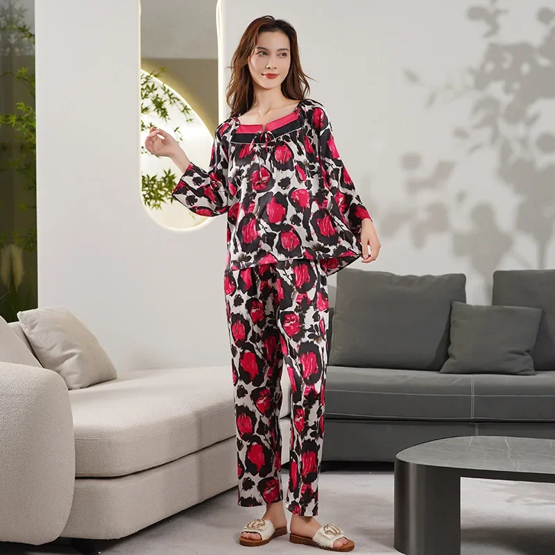 Printed 19MM Heavy Silk Long Sleeves T-shirt & Trousers Women's Pajamas Set 100% Mulberry Silk Casual Pyjama Homewear Loungewear