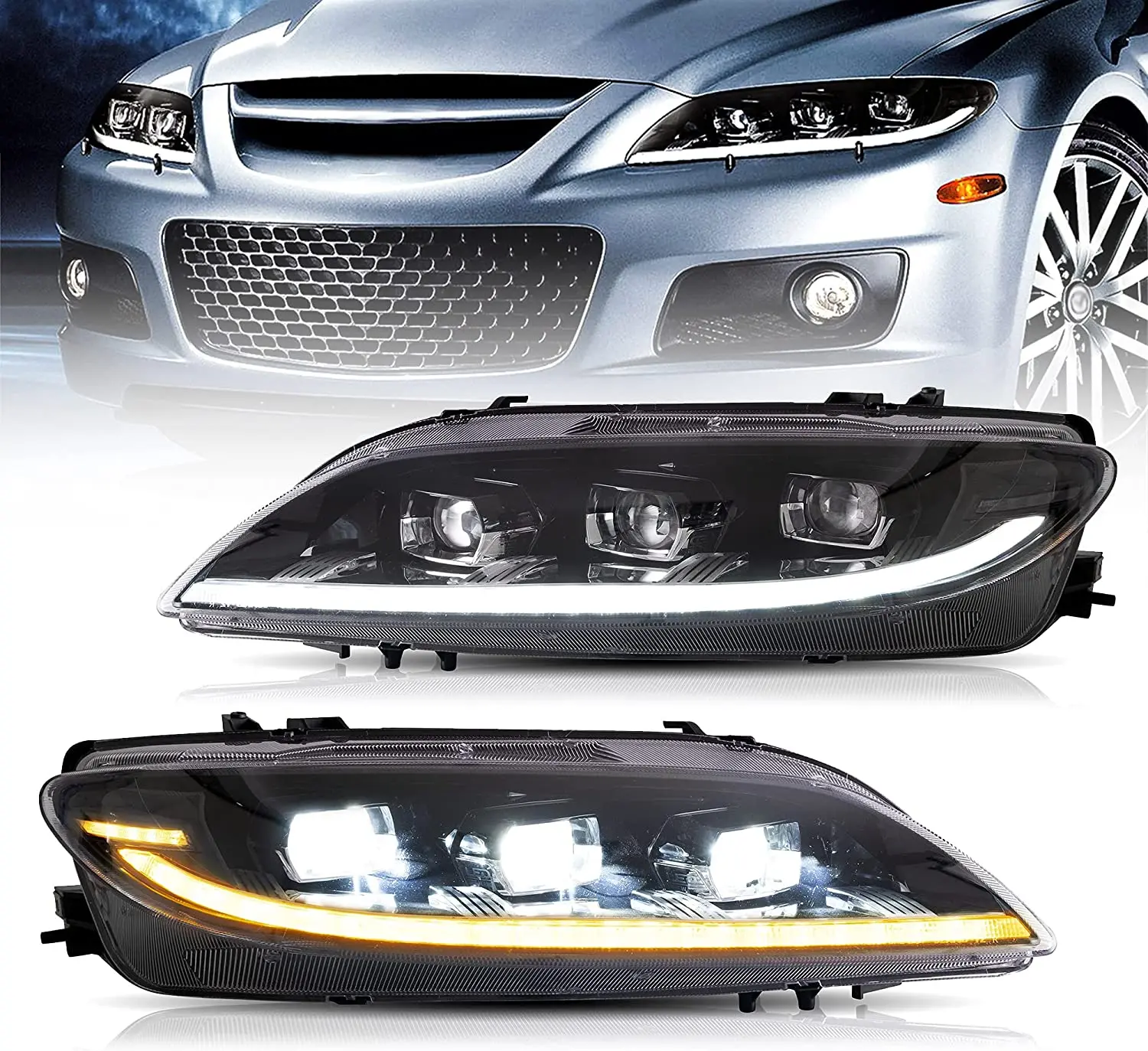 Led Headlights Assembly for Mazda 6 M6 (GG1) S Mazdaspeed Sedan Hatchback Wagon 2003-2008 ( NOT Fit Xenon Models) Turn Signal Dy