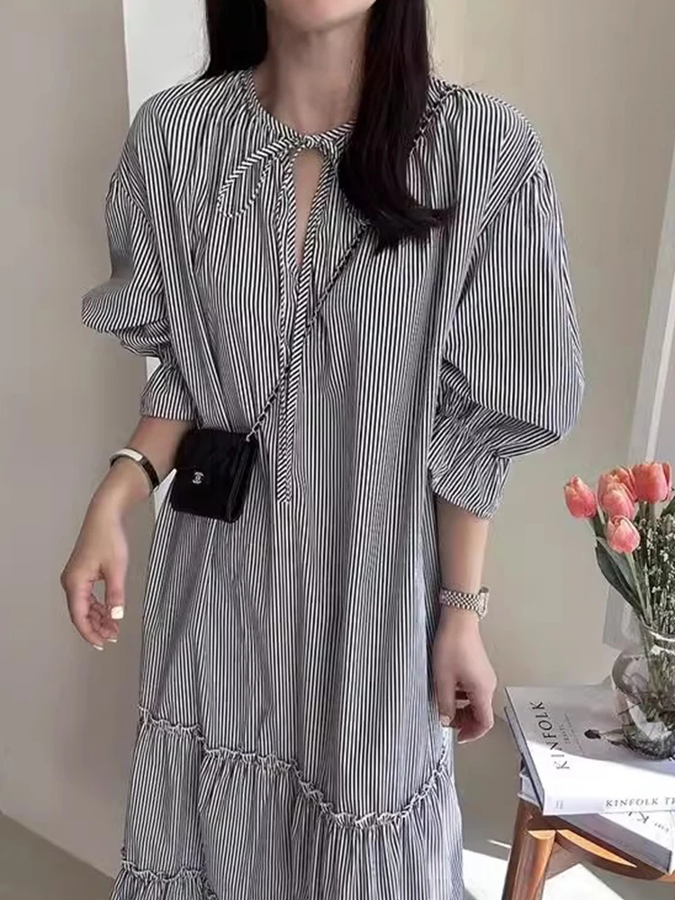 Chique vintage verão solto ajuste longo sve dr feminino ter ne amarrado dupla camada vestido de madeira coreano sle