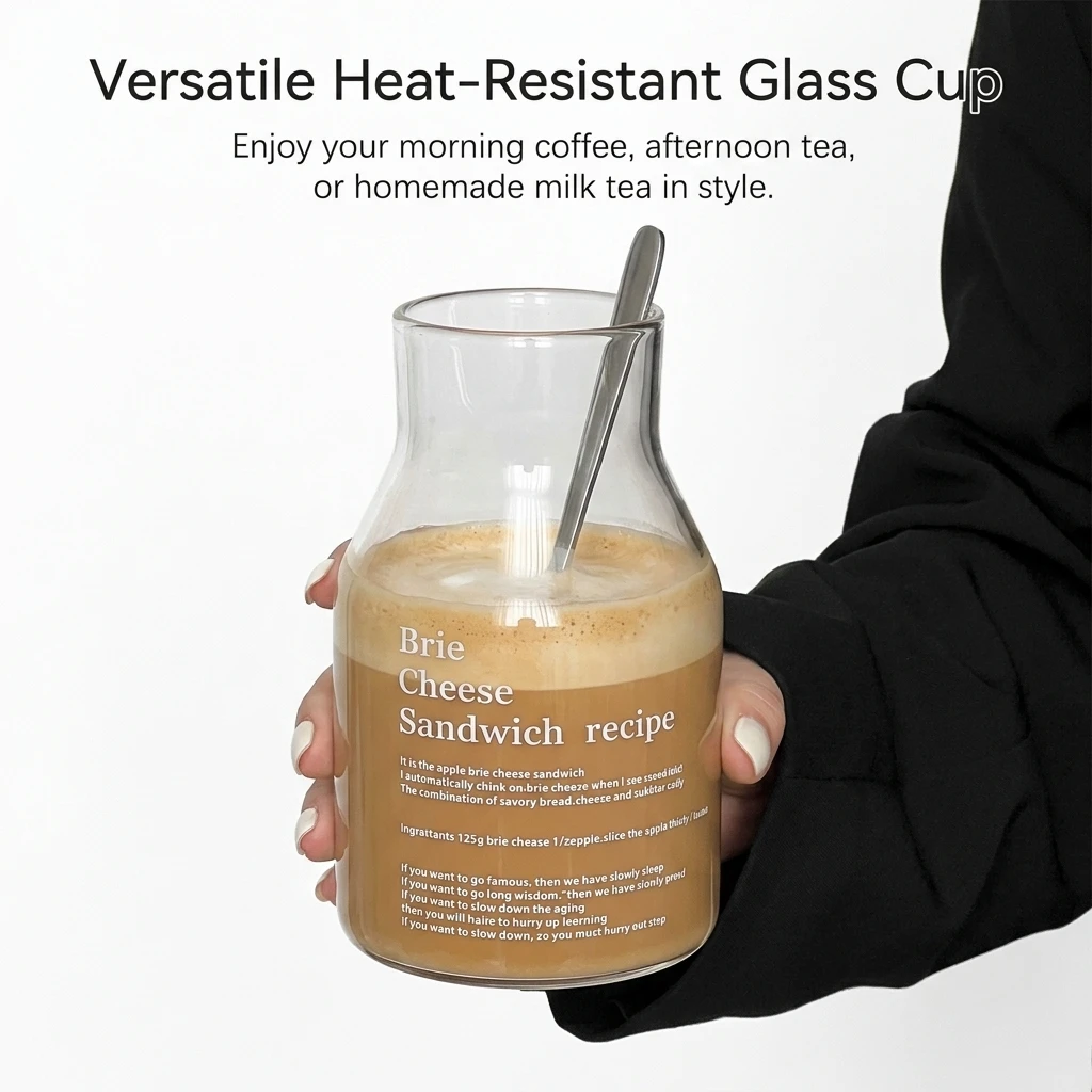 Heat-Resistant Glass Coffee Cup Modern for Office Home Borosilicate Large Capacity Letter Print Milk Tea Tumbler Durable