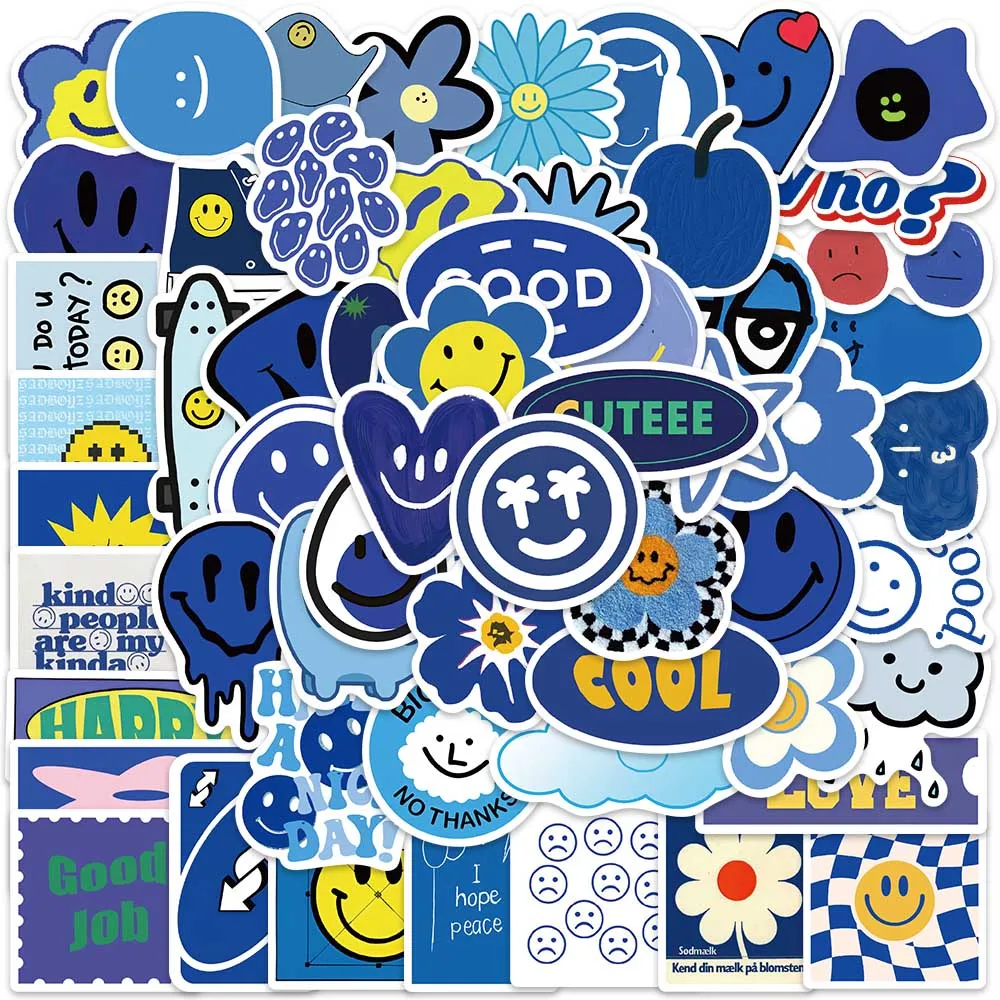 

59PCS Cartoon Smiling Face Stickers Cool Klein Blue Graffiti Decals For Laptop Luggage Water Cup Phone Shell Notebook Stickers