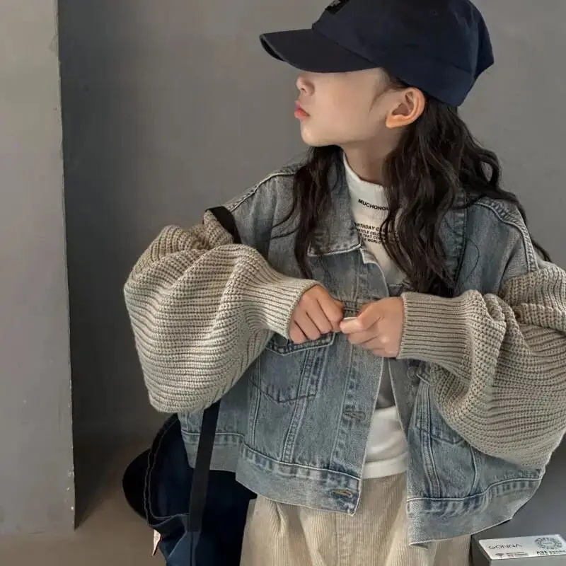 

Teen Girls Denim Jacket Spring and Autumn New Children's Leisure Splicing Short Coat 100-160cm