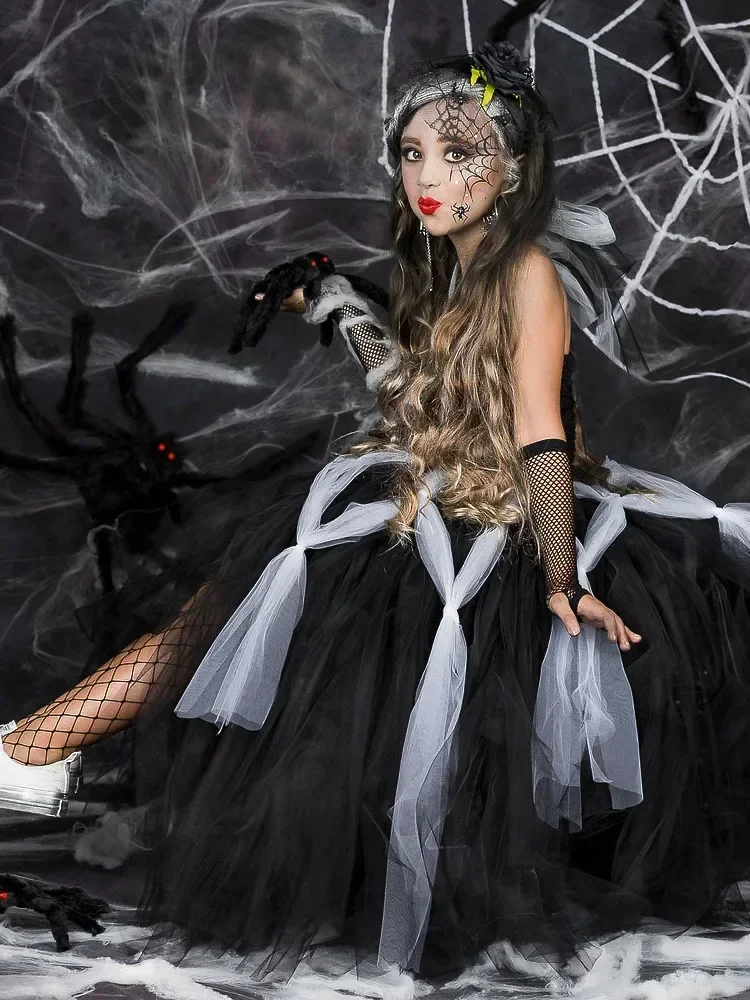 

Makeup ball girl princess dress cosplay black spider web tutu dress Halloween children's clothing