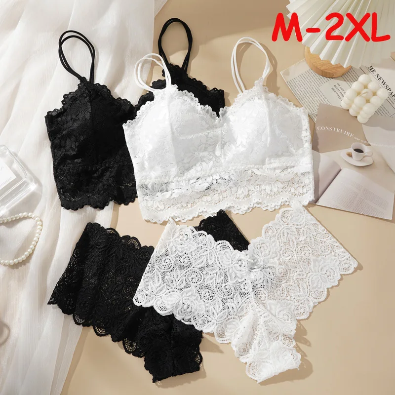 Women's  Lace Bra Suit Solid Set Beautiful Back Hollow Out No Steel Ring Underwear With Lace Flower Breathable Panties