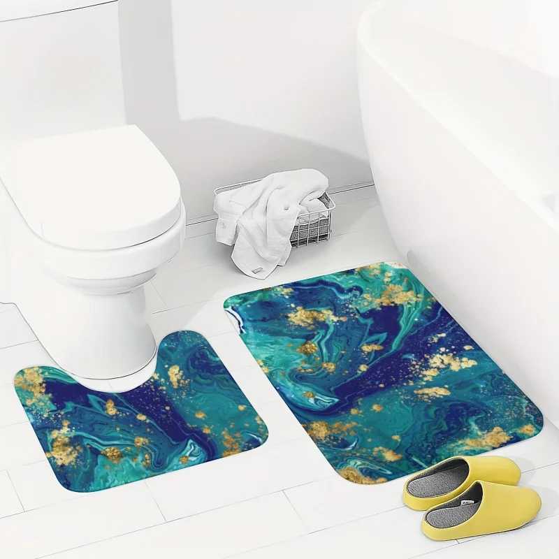 Luxurious 2pcs Bathroom Rug Set - Thick, High-Resilience Foam with Abstract Watercolor Design, Non-Slip & Absorbent Microfiber M