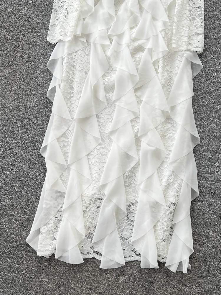 เดรสยาวลายดอกไม้พิมพ์ลายหรูหราสำหรับผู้หญิง ทรงเอไลน์ชายระบาย ผ้าโพลีเอสเตอร์ เอวสูง เหมาะสำหรับฤดูร้อน