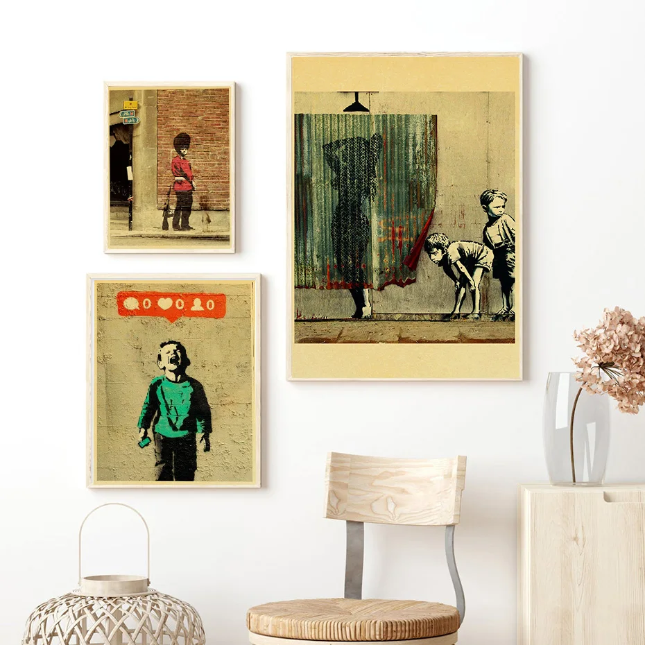 Banksy Vintage Posters Kraft Paper Prints Dynamic Nostalgia Wall Decor Personalized Paper Creative Art Fashion Bedroom Painting