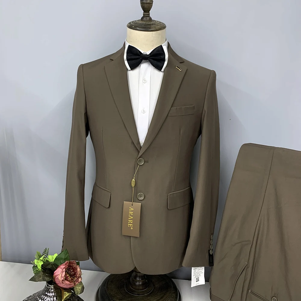 

SILIWEYA Men Suits Summer New Khaki Notch Lapel Thin Linen Male Suit Weeding Groom Slim Formal Tuxedo Fashion Solid Color 2 Pcs