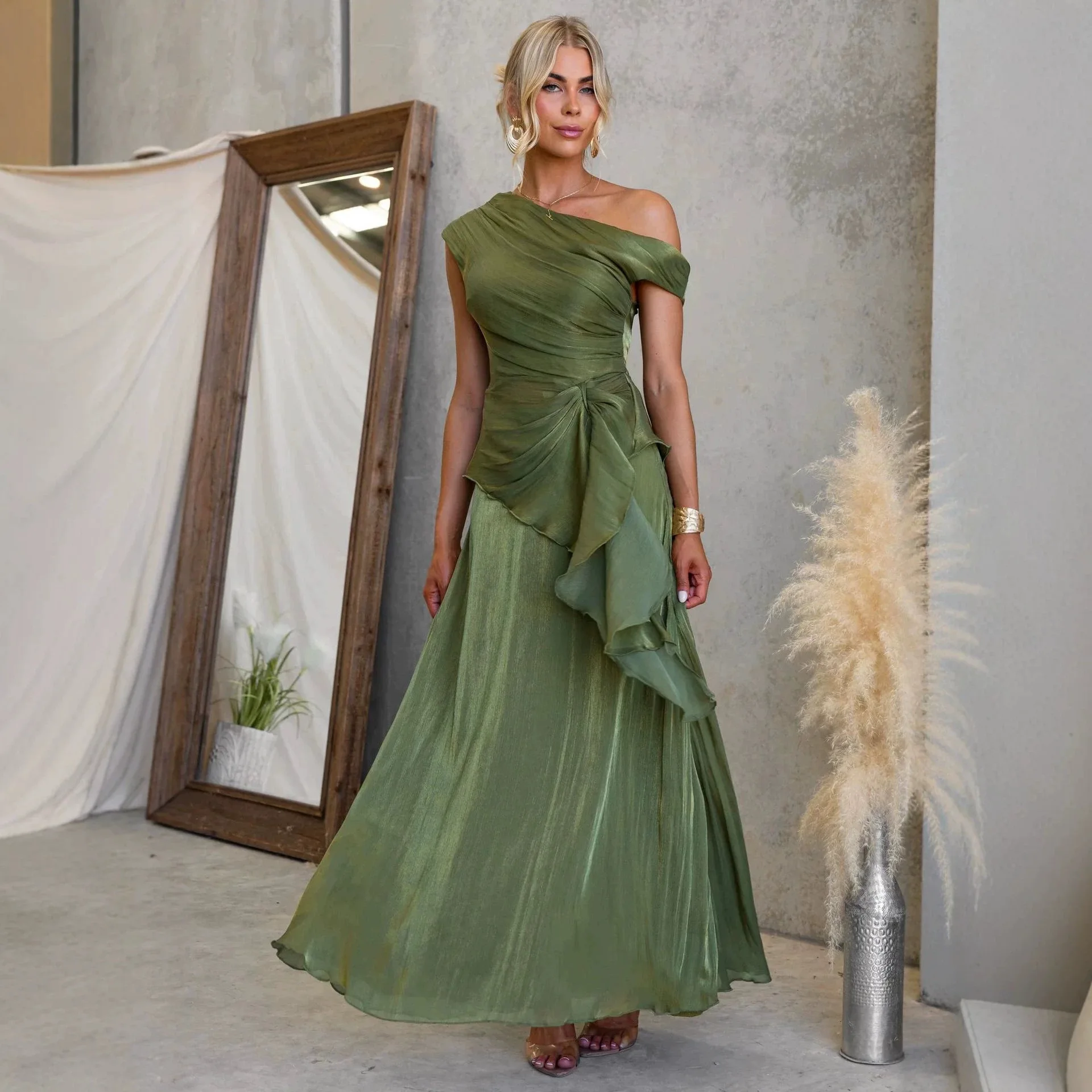 2026 Fall/winter Elegant Asymmetrical Shimmer Slim Off-shoulder Pleated Clothes Set Dresses For Women Y2k Chiffon Evening Gown