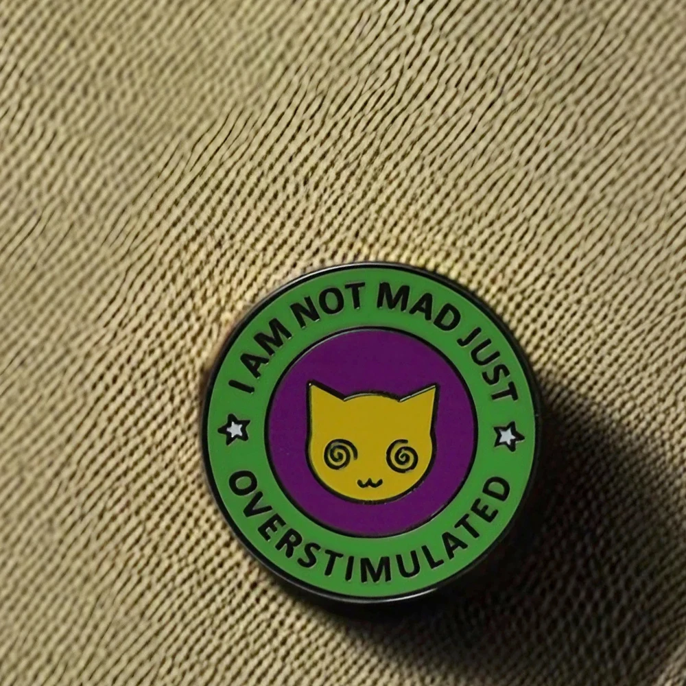 I Am Not Mad Just Overstimulated Lapel Pin Funny Silly Cat Badge Dizzy Psychedelic kitten Brooch Hippie Jewelry view 4