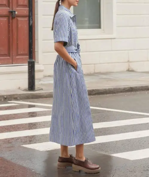 Classic Striped Print Lapel Slim Fit Lace Up Waist Dress for Summer Women's Casual Simple A-Line Short Sleeved Shirt Dress