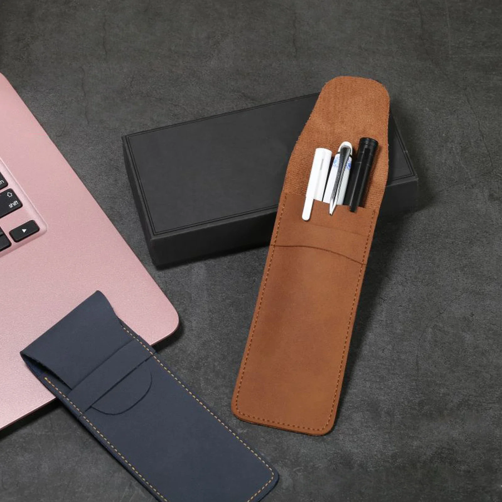 1pc Pen Case made of antique matte PU leather Flip cover double pen protective case Large capacity Student stationery supplies