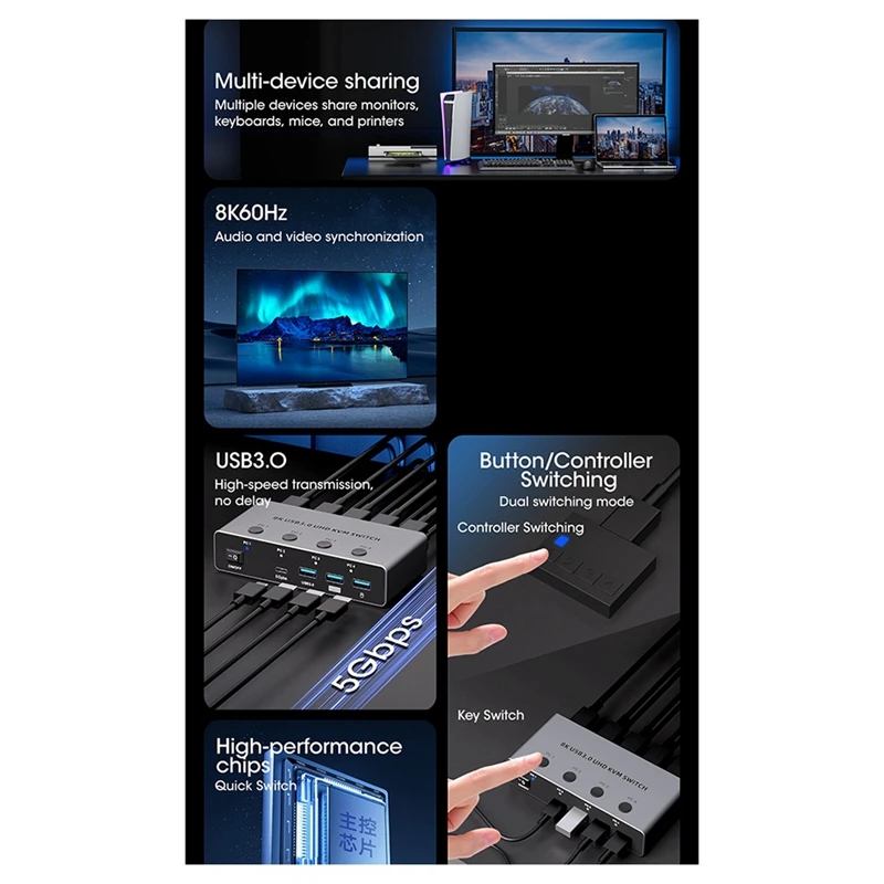 

USB 3.0 8K при 60 Гц -совместимые KVM-переключатели KVM-переключатель 4 компьютера 1 монитор 4 ПК Клавиатура Жесткие диски Принтер EU-PLUG