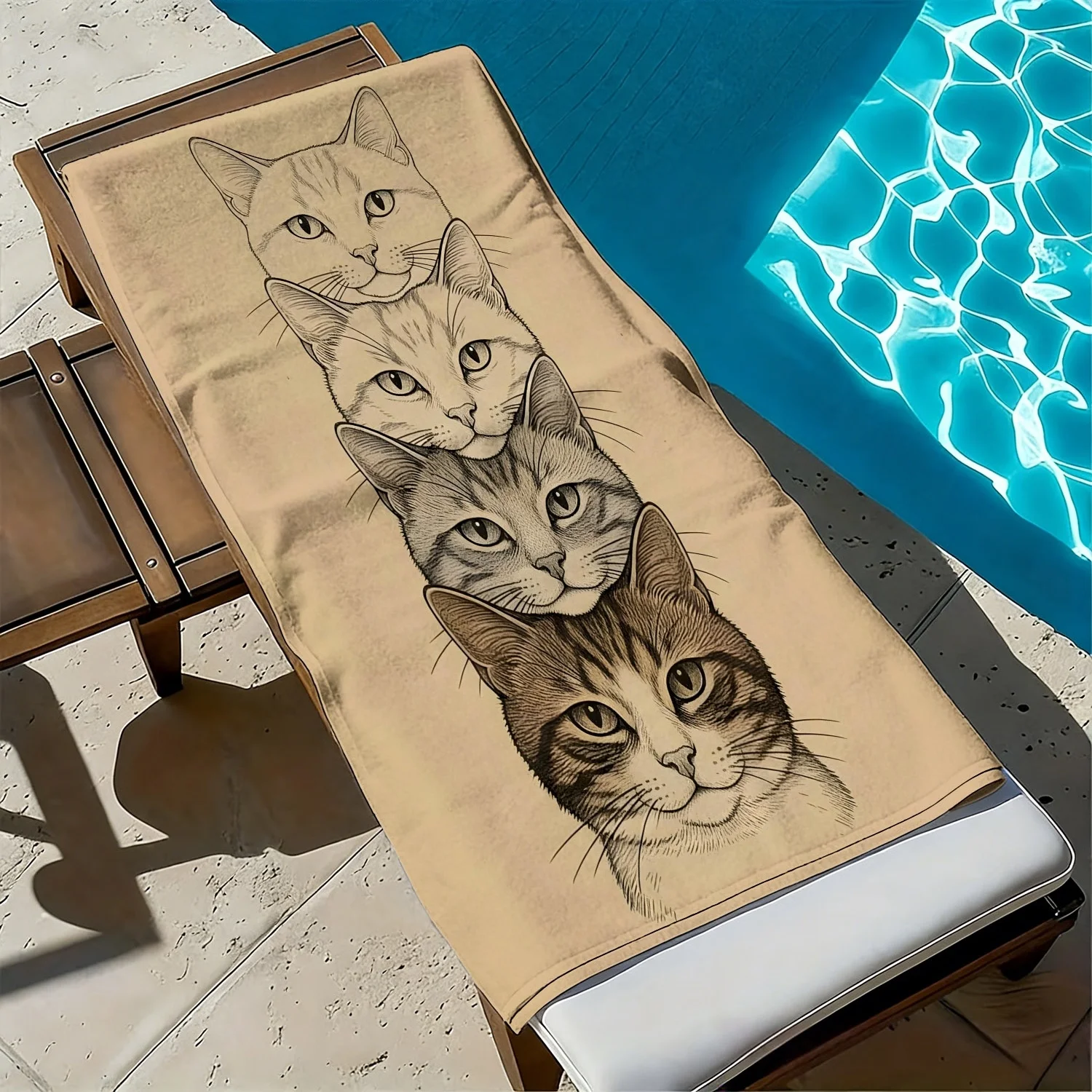 Cat head image Connect 4 pattern polyester microfiber beach towel is highly absorbent, suitable for swimming and beach outings