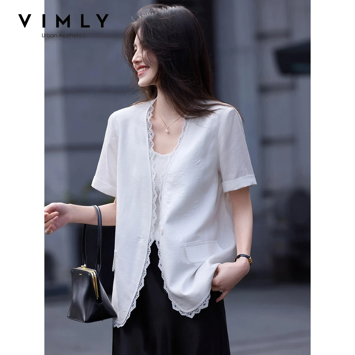 VIMLY Women's White Blazer Summer 2026 New Commute Lace Design Short Sleeve Top Fashion Simple Office Wear Clothing A5228