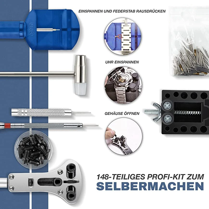 

Инструмент для часов B27B премиум-класса — набор инструментов для часовщика 148 предметов — с открывашкой для часов для замены батареи и запечатывания — углеродистая сталь