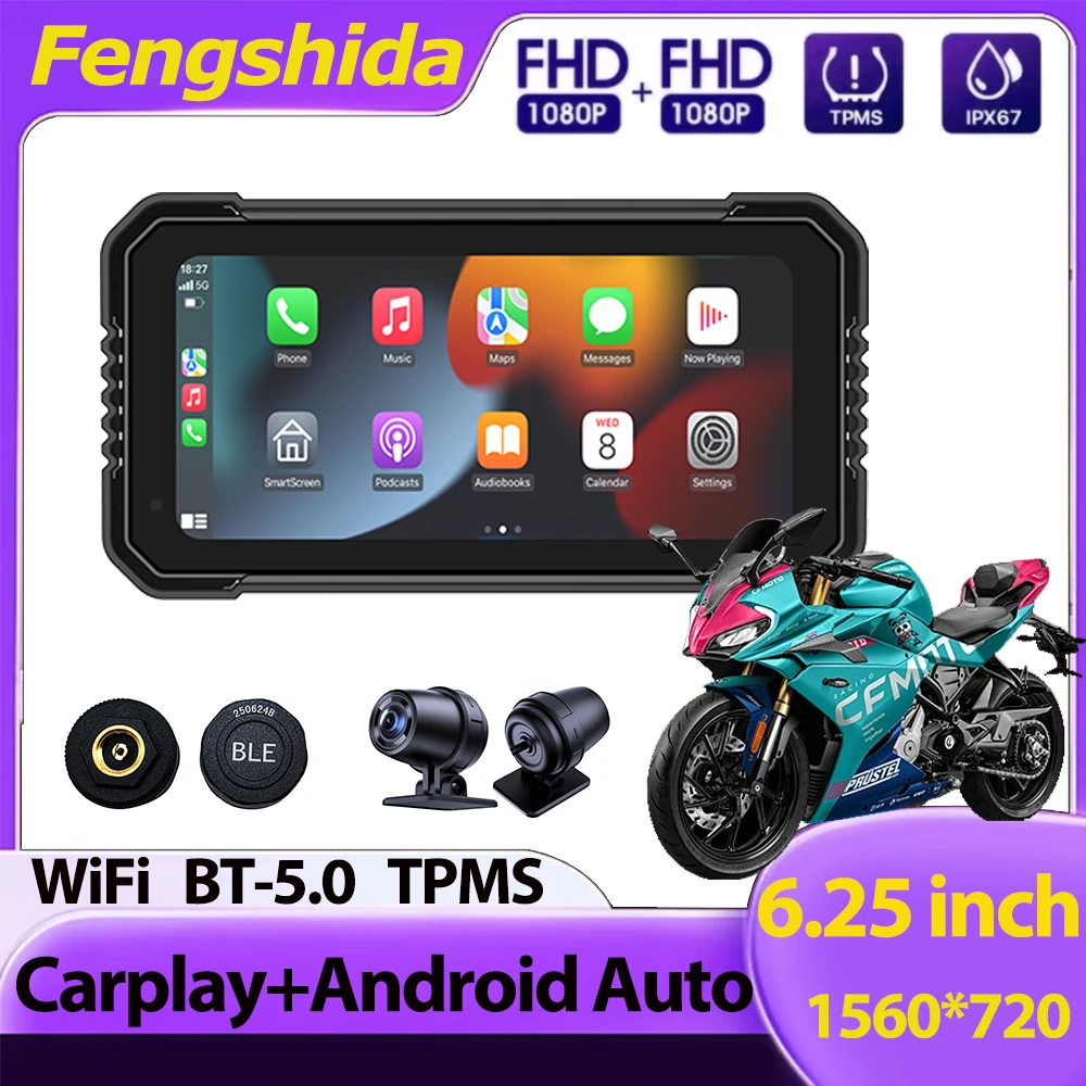 6.25 inch Navigation Motorcycle Waterproof Apple Carplay Display Screen Portable Motorcycle Wireless Android Auto Monitor