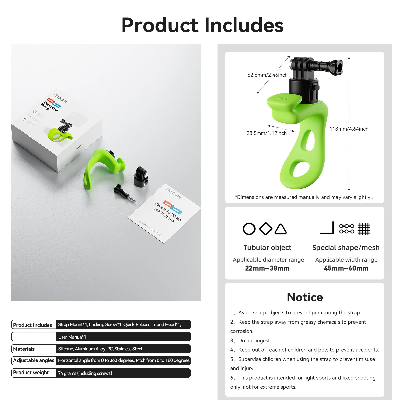 Telesin suporte macio ajustável de silicone, montagem de liberação rápida para câmera gopro 13 12 11 10 9 dji action 5pro 4 insta360 x5 acepro