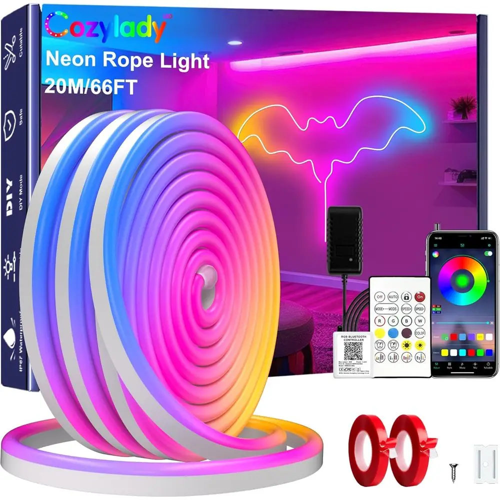 

Светодиодная неоновая лента RGB 66т (33т * 2 рулона) для спальни, 20 м, с двусторонней клейкой лентой, управление через приложение/пульт ДУ
