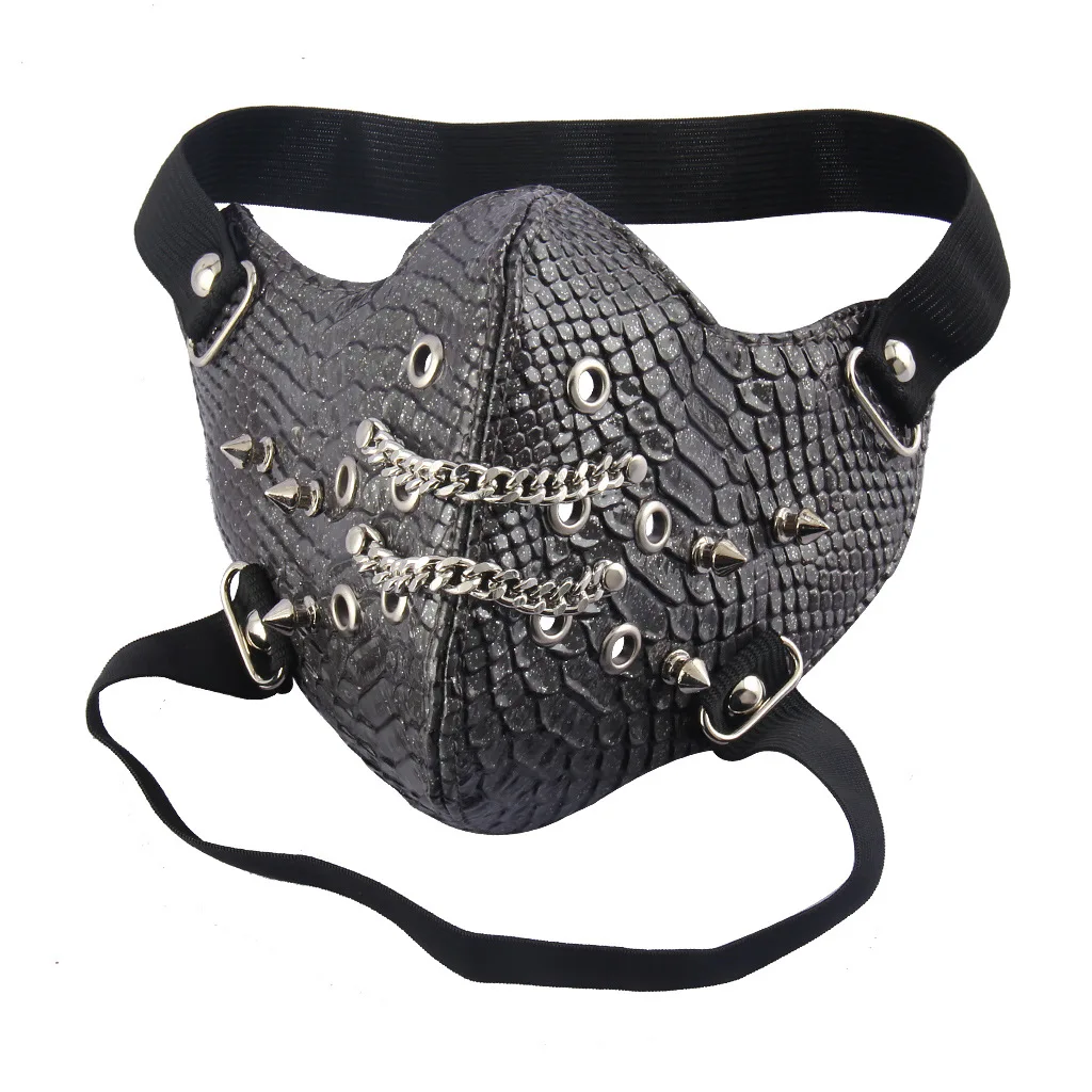 ผู้ชายผู้หญิงสีดํา PU หนัง Skull Rivet Punk Rock หน้ากาก Lady's Breathable Party คอสเพลย์ฮาโลวีนปาก-muffle R3365
