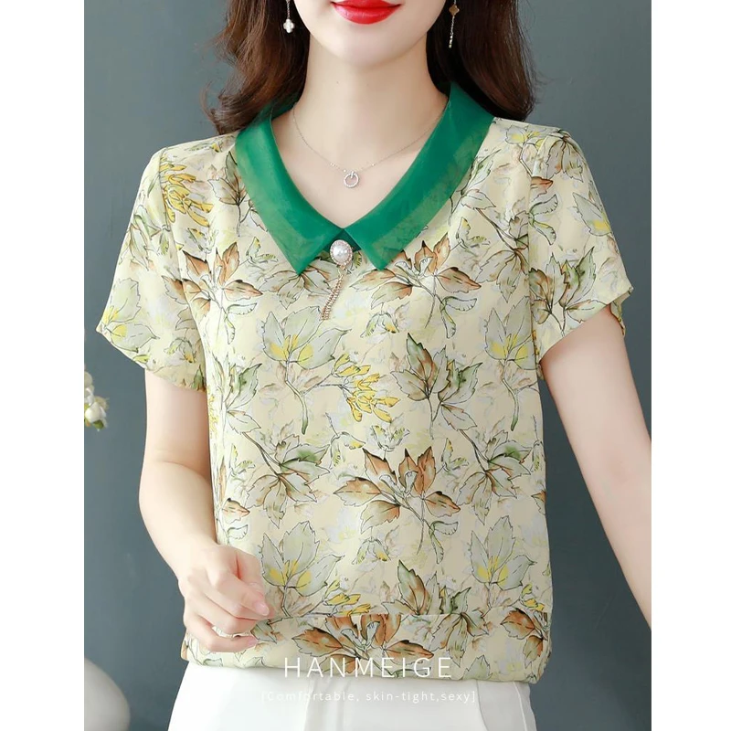 Blusa feminina com estampa floral frisada, camisa elegante de manga curta, blusa feminina solta chique, moda casual, verão, nova, 2024