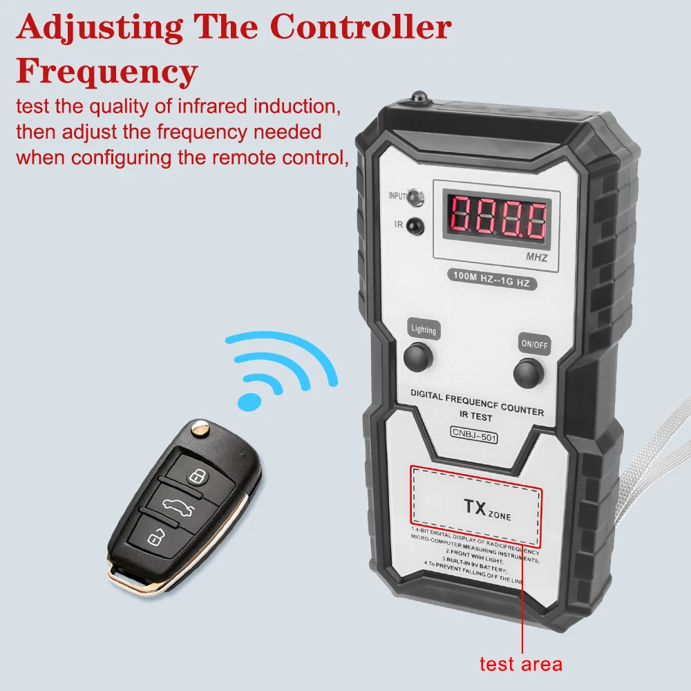 Verificador de freqüência infravermelha para chaves do carro, controlador remoto, instrumento de medida, IR eletrônico, teste contador de freqüência, 100m-1GHz