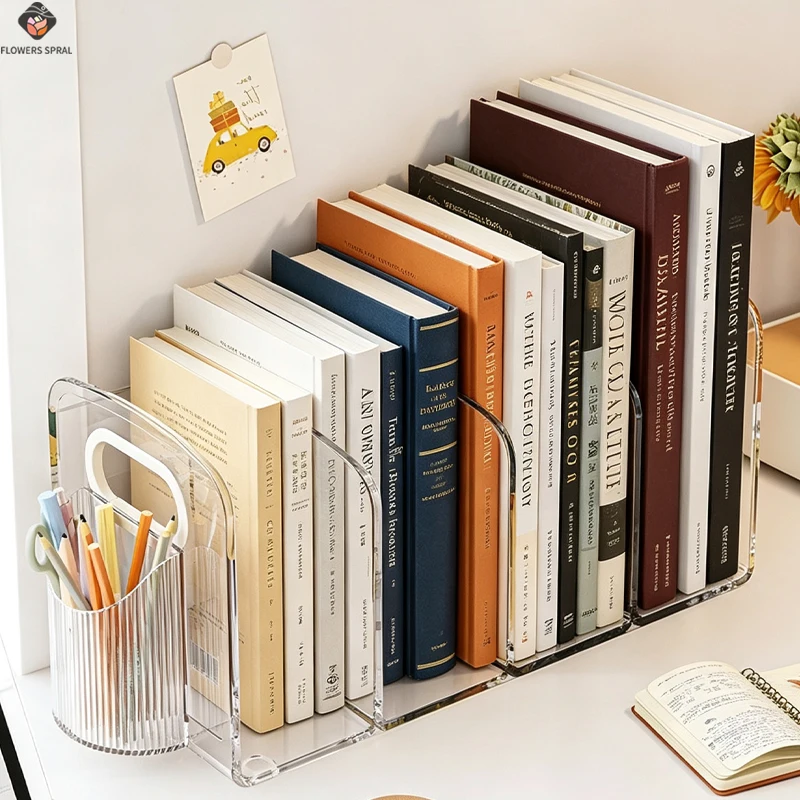 Transparent Acrylic - Multifunctional Desktop Book Stand With Pen Holder, Four Grid Bookshelf, Office Document Storage Rack