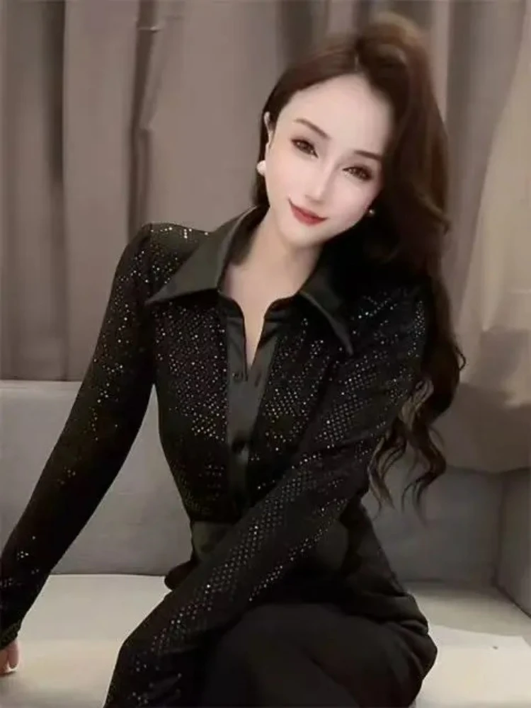 

Autumn Shirts for Women 2024 Winter New Thickened Splicing Sequins Heavy Industry Charm Shirts Slimming and Versatile Tops
