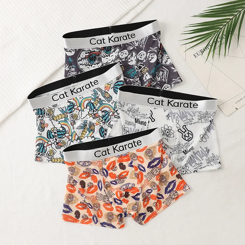 New Men's Underwear Boys' Student Letter Waist Ice Silk Printed Trendy Comfortable Shorts Breathable Printed Quadrangle Pants