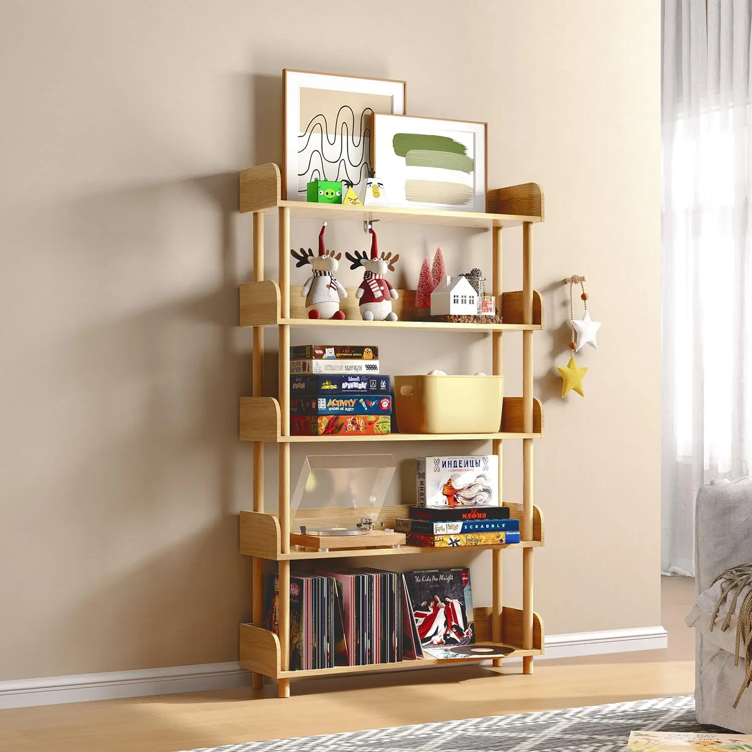 Oneinmil 5-Tier Wooden Open Bookshelf, Modern Display Shelf With Standing Storage Rack, Multifunctional Bookcase For Home And