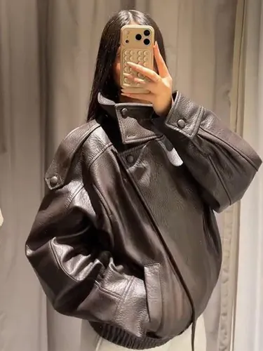 Imagen 2 del producto Chaqueta de Cuero Sintético para Mujer, Primavera 2026, Marrón y Negro, Manga Larga, Cuello Alto, Gruesa, Holgada, Estilo Motociclista, Ropa de Calle