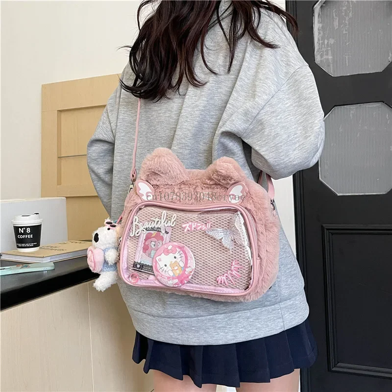 Japanese Cute Fluffy Plush Cat Transparent Ita Bag Y2k Casual Harajuku Kawaii Women Crossbody Bag Preppy Style Cute Schoolbag