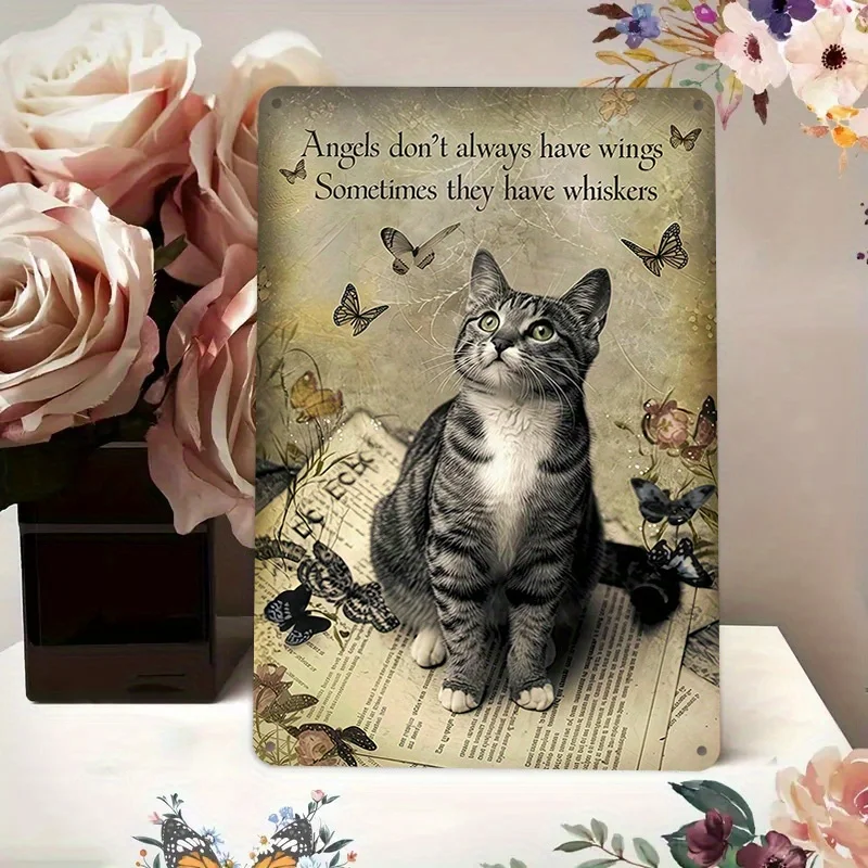 لافتات فنية مسطحة ثنائية الأبعاد للقطط الرجعية - "الملائكة لا تتطلب أجنحة، في بعض الأحيان لها شعيرات" - قطة مضحكة، فراشة