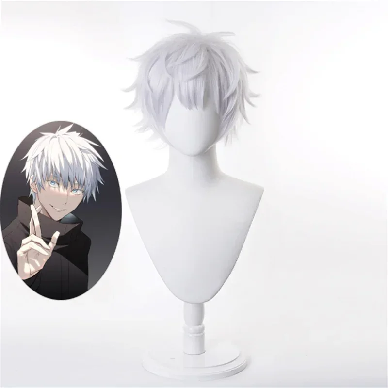 

Perruque Synthétique de Cosplay, аниме Jujutsu Kaisen Gojo Satoru, perruques de jeu en poudre, cheveux courts argentés et blanks