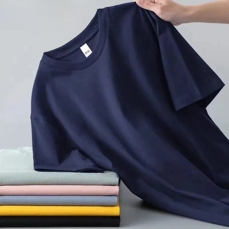 100% Pure Cotton Round Neck Short Sleeved T-shirt for Men and Women's New Summer Versatile Loose Solid Color Men's T-shirt image 4