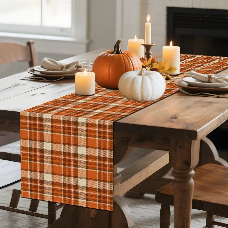Autumn Thanksgiving Table Runner, Rust Orange Tablecloth, Harvest Decor for Home Kitchen Dining Room Party Decorations