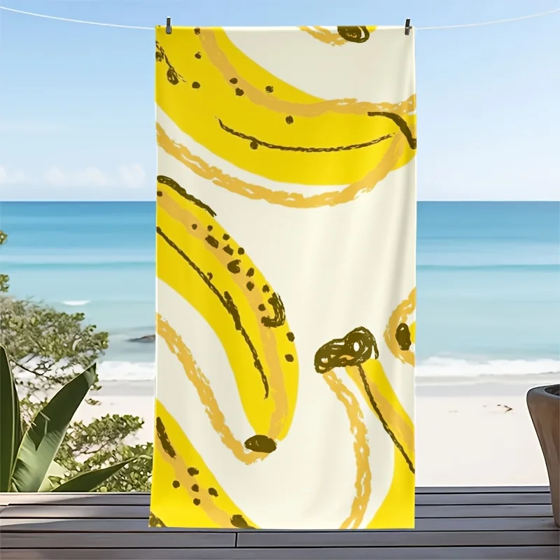 Hand Drawn Banana Beach Towel, Soft Microfiber Quick Dry Oversized Bath Towel, Fruit Summer Pool Blanket